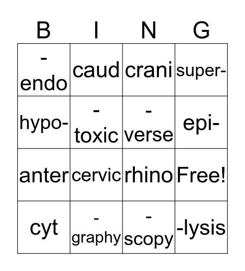 Medical Terminology Bingo Card