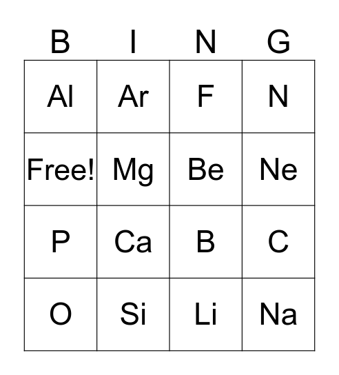 Elements Bingo Card