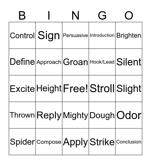 Vocabulary Lesson 3 Bingo Card