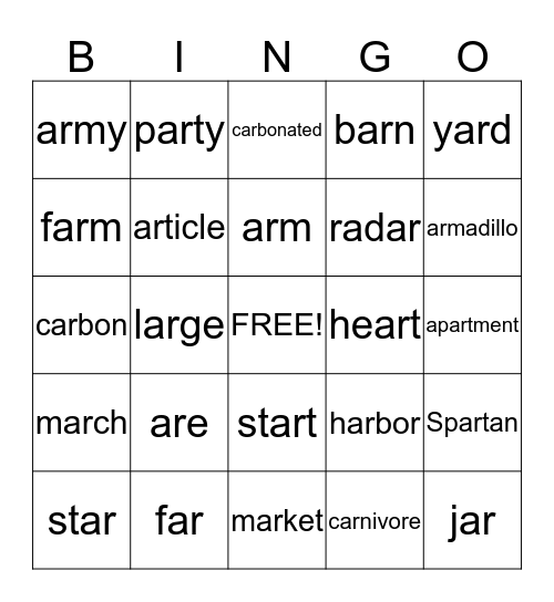 Smartie Spelling 'ar' Bingo Card