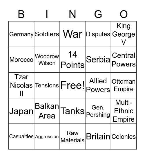 World War I Bingo Card