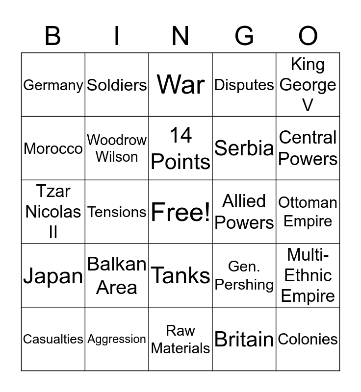 World War I Bingo Card