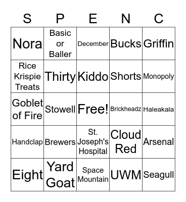 Spencer's 8th Birthday Bingo Card