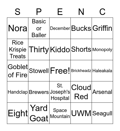 Spencer's 8th Birthday Bingo Card