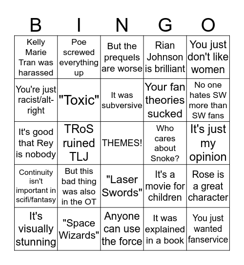 TLJ Defense Bingo Card