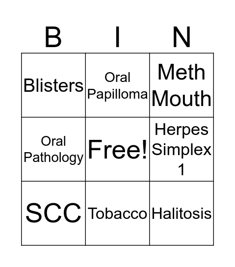 Oral Pathology Bingo Card
