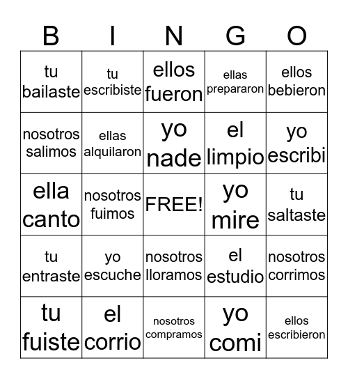 Preterite Bingo Card