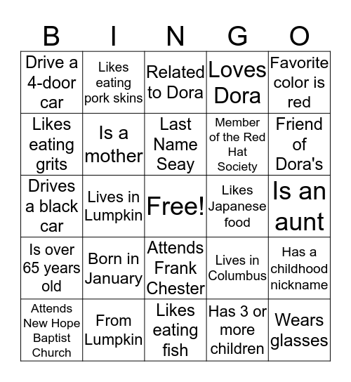 Dora Seay's Bingo Game Bingo Card