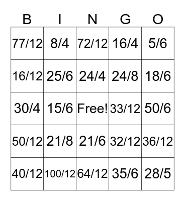 Multiplying Fractions Bingo Card