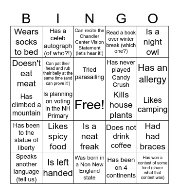 Chandler Center Bingo Card