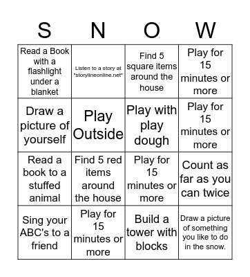 Preschool Snow Day Bingo Card