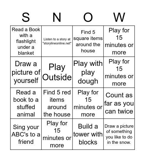 Preschool Snow Day Bingo Card