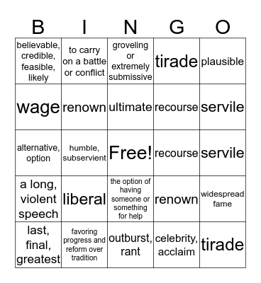 Level Blue Unit 5 Vocabulary (words 8-15) Bingo Card