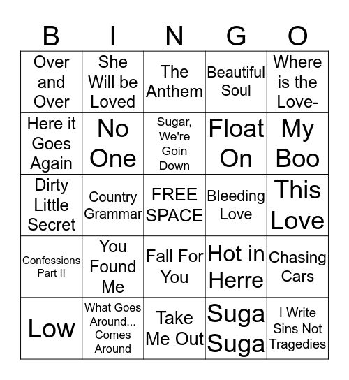 RL Summer Hits 2000's Bingo Card