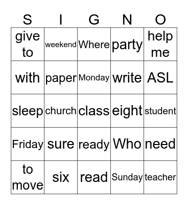 SIGNO UNIT 2 Bingo Card