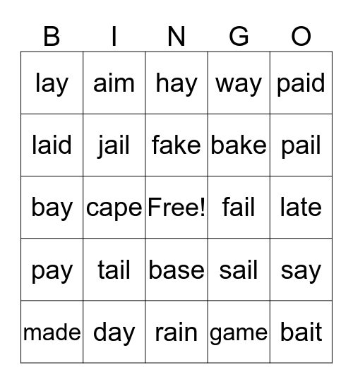 Long A Bingo Card