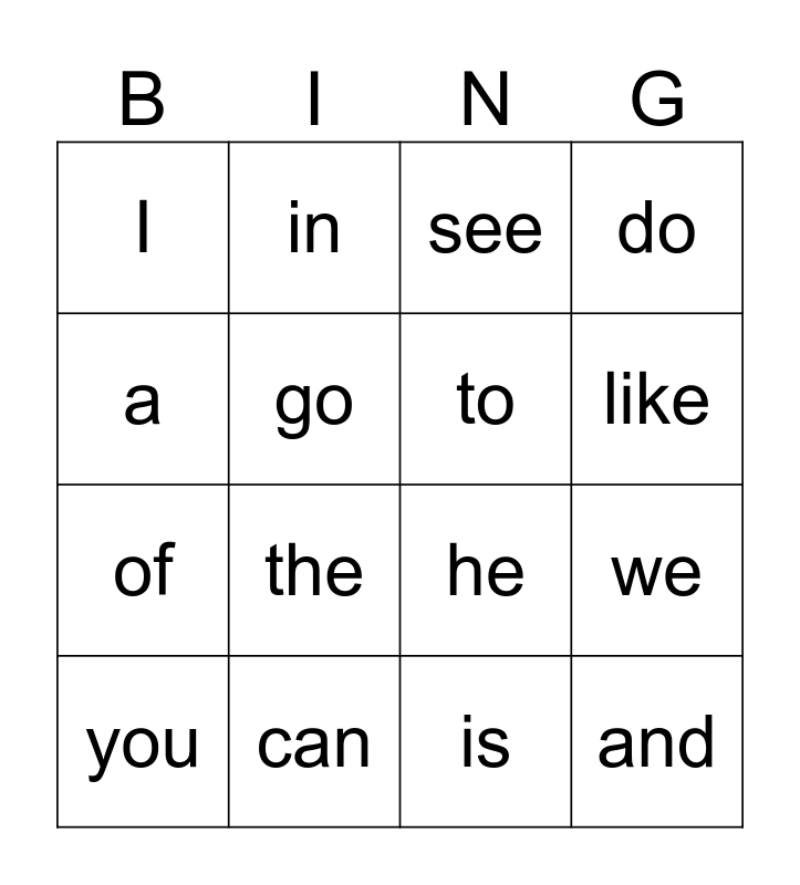 Sight Word Bingo Lists 1-4 Bingo Card