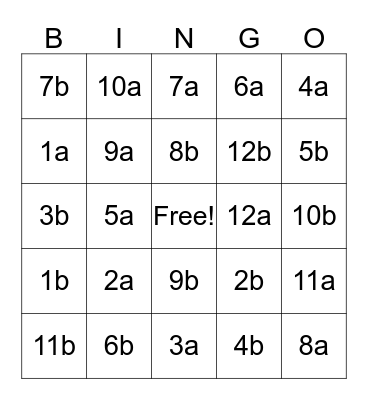 Fraction Bingo Card