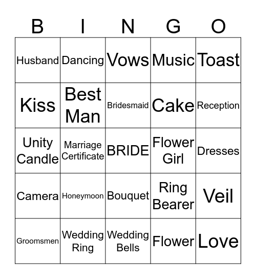 Bride and Groom  Bingo Card