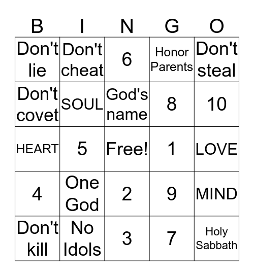 Ten Commandments Bingo Card