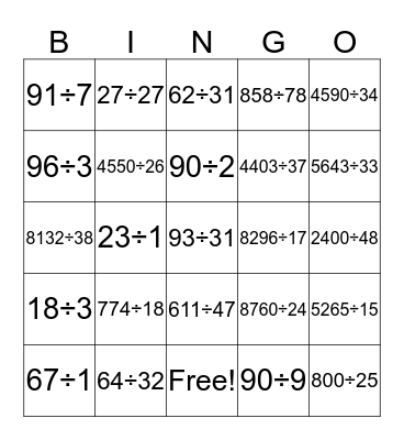 Fraction Bingo Card