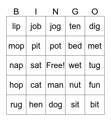 CVC WORDS Bingo Card