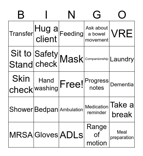 Caregiver Bingo Card