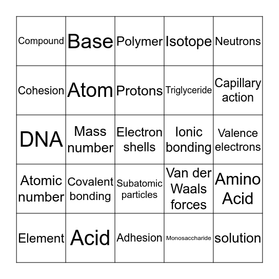 Unit 3 - Chemistry of Life Bingo Card