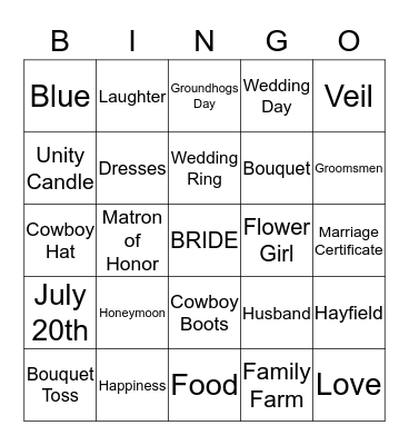 Bride and Groom Bingo Card