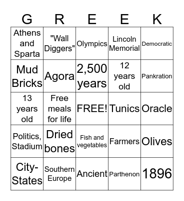 Greece Bingo Card