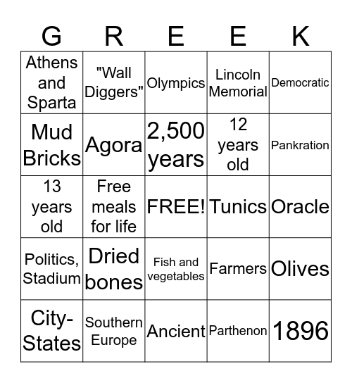 Greece Bingo Card