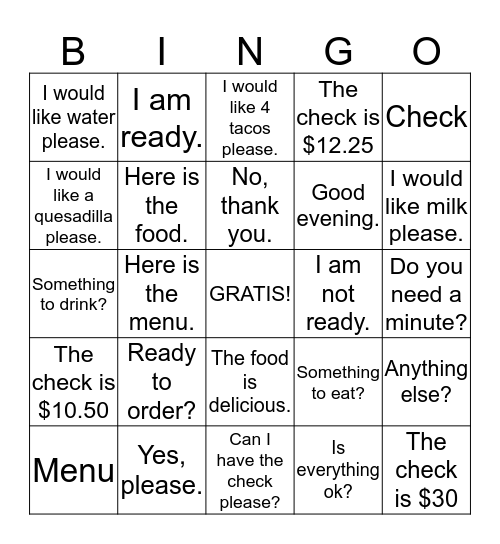 El restaurante Bingo Card