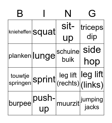 Fitness Bingo Card