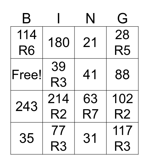 Division  Bingo Card