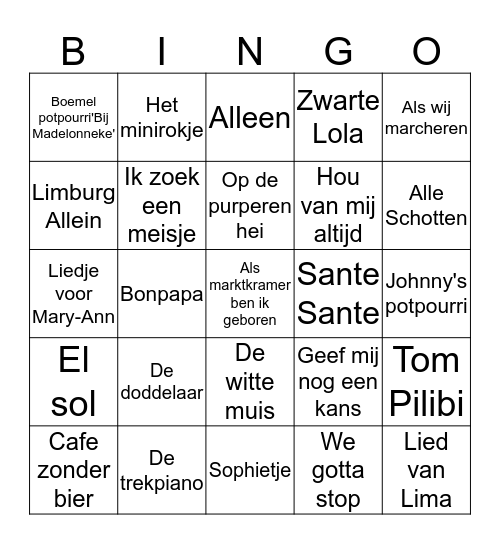 Vlaamse Hits Bingo Card