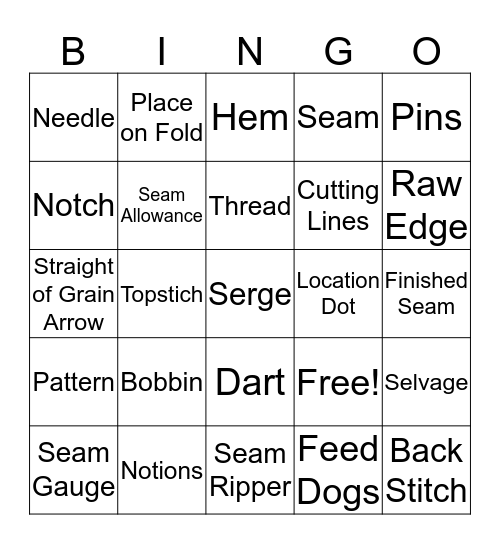 8th Grade Sewing Terms  Bingo Card