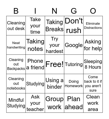 Study Skills Bingo  Bingo Card