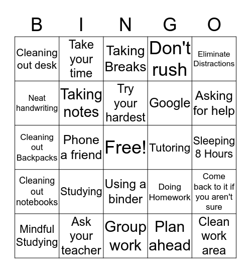 Study Skills Bingo  Bingo Card