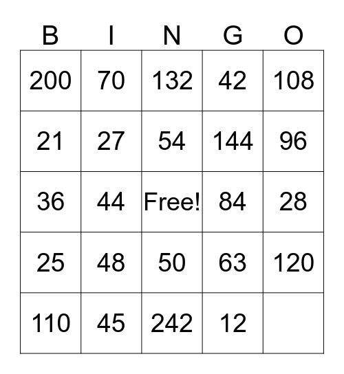 Division  Bingo Card