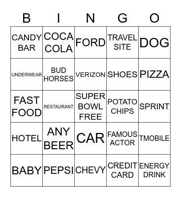 SUPER BOWL COMMERCIAL BINGO Card