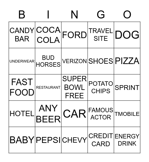 SUPER BOWL COMMERCIAL BINGO Card