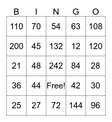 Division  Bingo Card