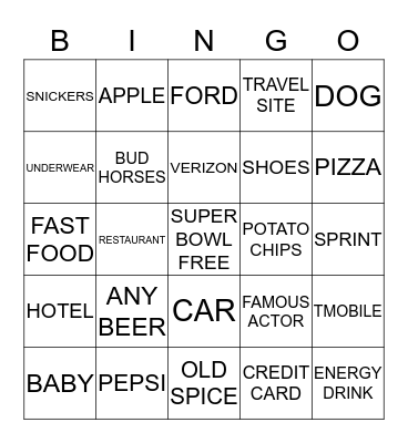 SUPER BOWL COMMERCIAL BINGO Card