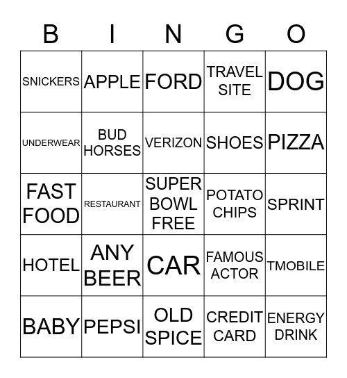 SUPER BOWL COMMERCIAL BINGO Card