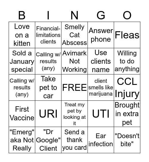 Veterinary Bingo Card