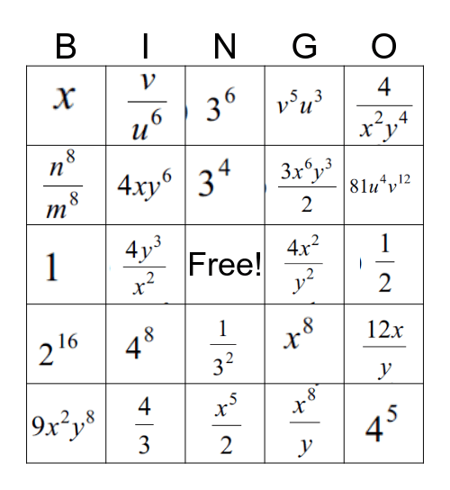 Properties of Exponents Bingo Card