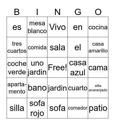 Spanish House Vocabulary Bingo Card