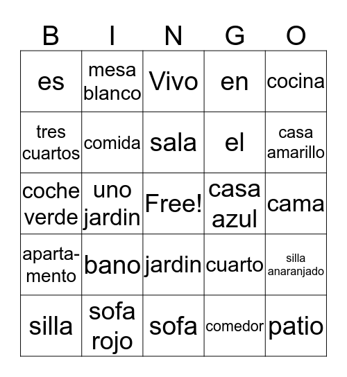 Spanish House Vocabulary Bingo Card