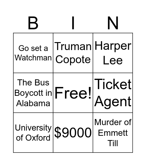 Harper Lee Bingo Card