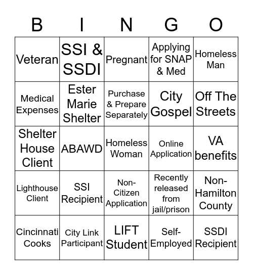 SNAP Bingo Card